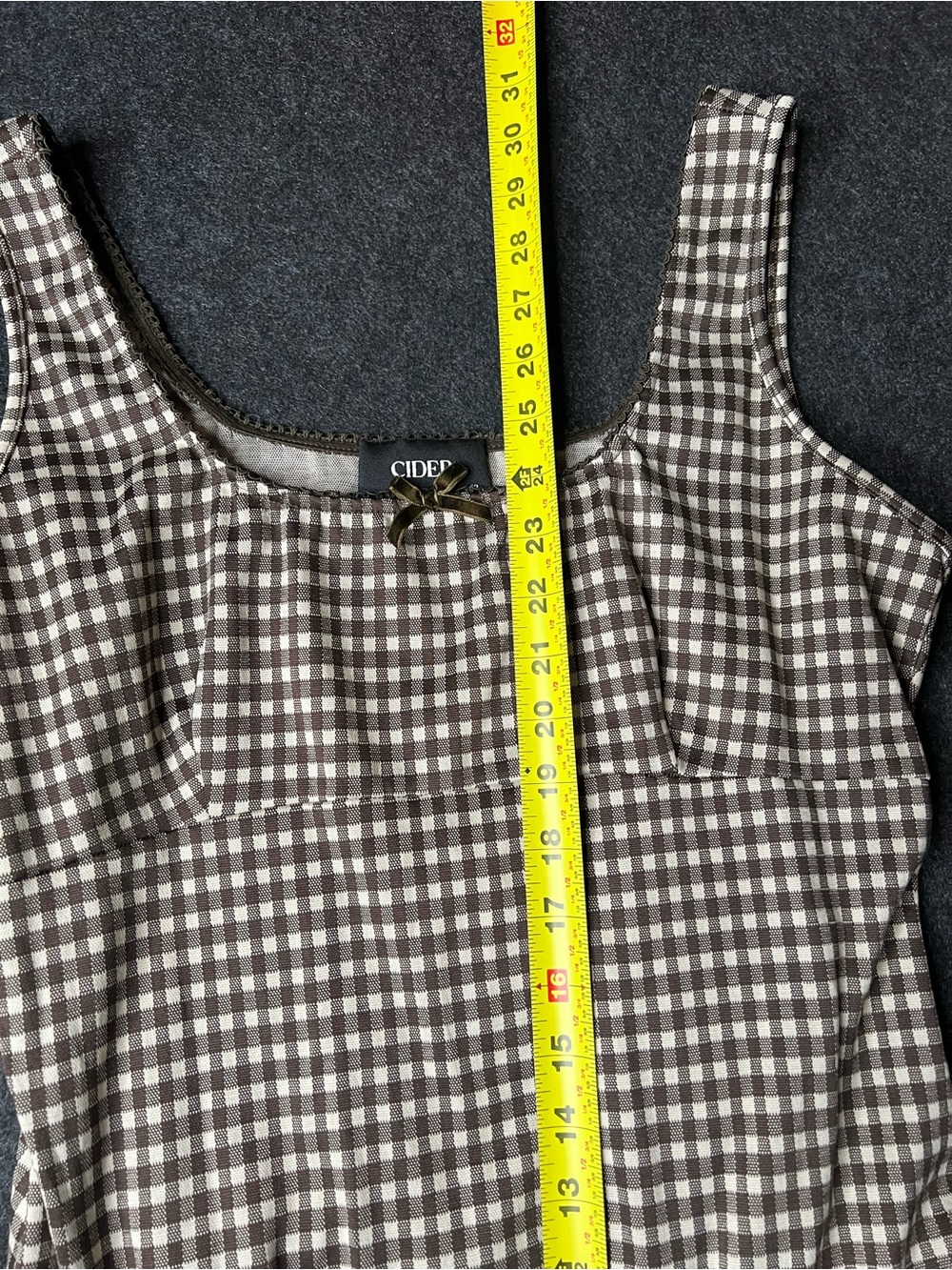Cider Brown Gingham Mini Dress Scoop Neck Strappy Sleeveless XL Bow Accent - Picture 4 of 6